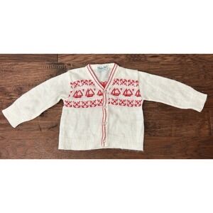 Vintage 12 Months Cardigan Sweater Knit Red Sailboat Nautical Cottagecore Preppy